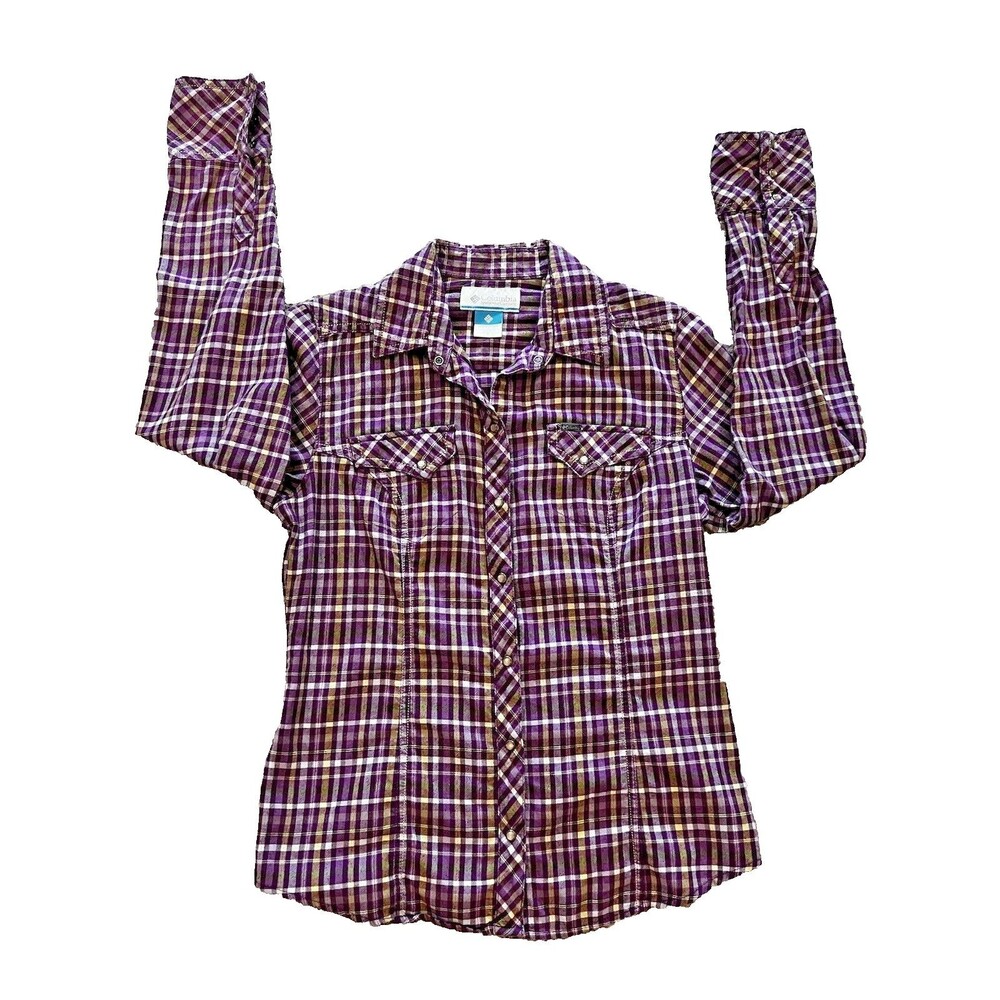 Columbia Women Purple Multicolor Flannel Western Snap Plaid L/S Shirt SZ S